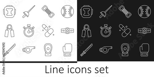 Set line Boxing glove, belt, Chest expander, Stopwatch, Sport, helmet, Vitamin pill and Fencing icon. Vector