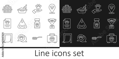 Set line Pet first aid kit, award, Hands with animals footprint, Dog collar, Clinical record pet, carry case, Medicine bottle pills and Cat litter tray shovel icon. Vector