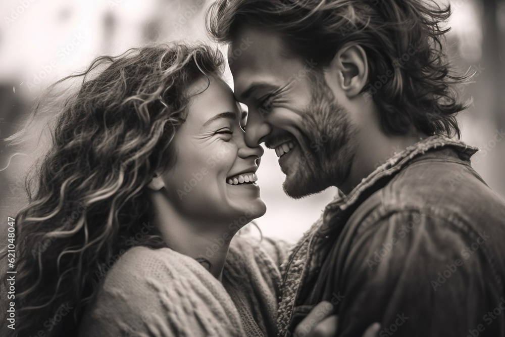 A couple hugging tightly with smiles of pure happiness. Created with Generative Ai technology. A couple hugging tightly with smiles of pure happiness. Created with Generative Ai technology.