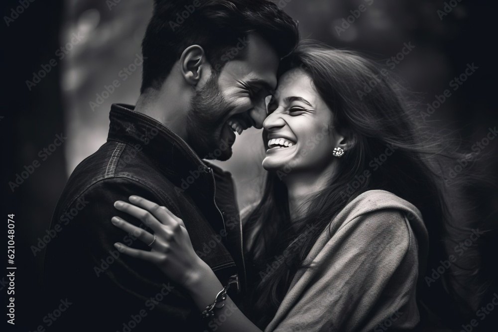 A couple hugging tightly with smiles of pure happiness. Created with Generative Ai technology. A couple hugging tightly with smiles of pure happiness. Created with Generative Ai technology.