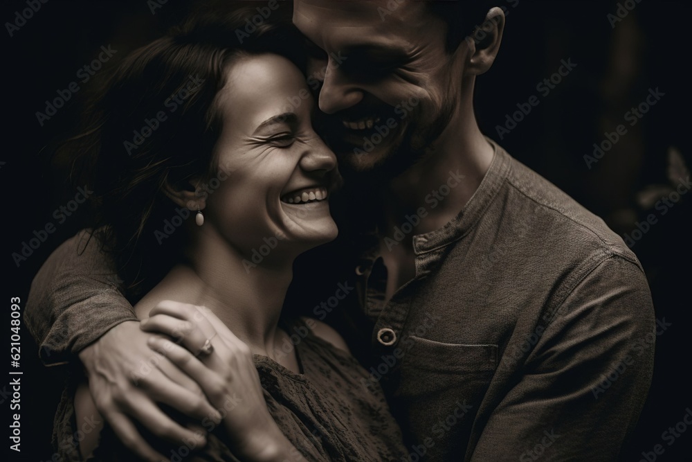 A couple hugging tightly with smiles of pure happiness. Created with Generative Ai technology. A couple hugging tightly with smiles of pure happiness. Created with Generative Ai technology.