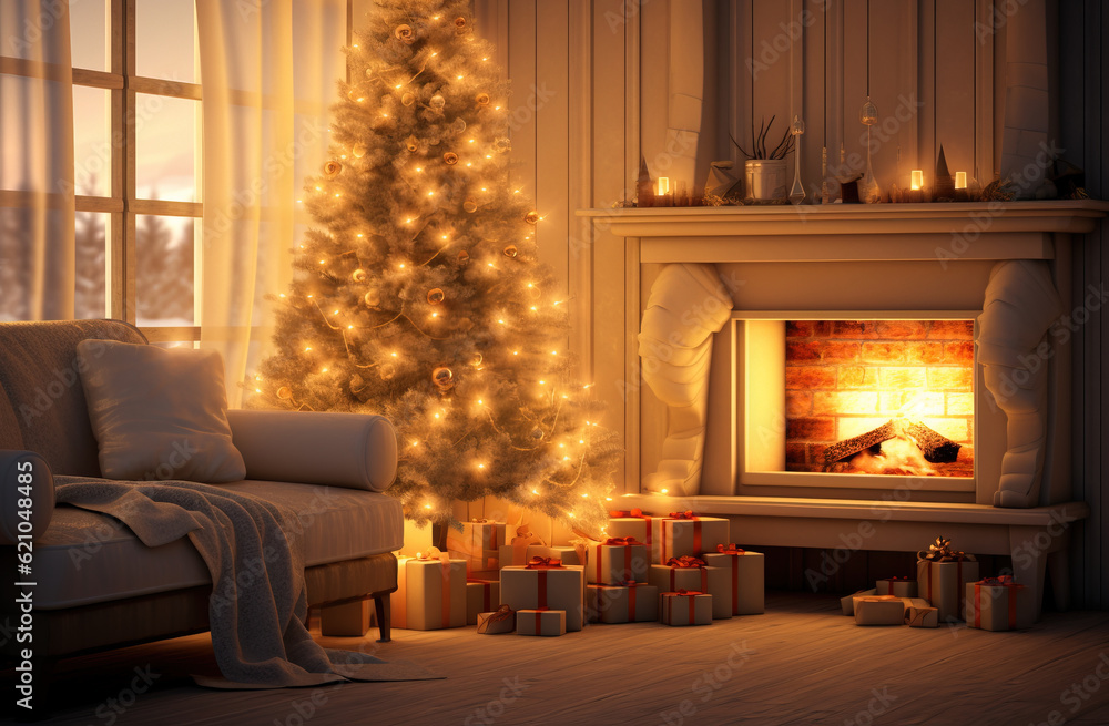 interior with christmas tree with lights. generative AI interior with christmas tree with lights. generative AI