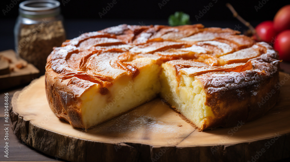 Sponge cake or chiffon cake with apples, so soft and delicious with ingredients: eggs, flour, apples on wooden table. Homemade bakery concept for background and wallpaper. Generation AI illustration Sponge cake or chiffon cake with apples, so soft and delicious with ingredients: eggs, flour, apples on wooden table. Homemade bakery concept for background and wallpaper. Generation AI illustration