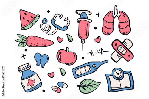 Health and medical doodle icons. Stethoscope, medicine, pill tablet, lungs, syringe, bandage, scales, test pack. Hand drawn sketch vector illustration