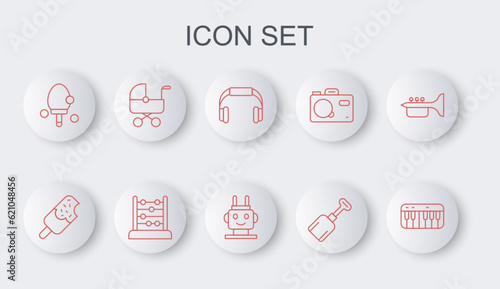 Set line Music synthesizer, Ice cream, Headphones, Shovel toy, Racket, Baby stroller, Abacus and Robot icon. Vector photo