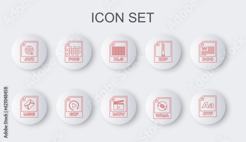 Set line OTF file document, MSG, XLS, WMA, AVI, PNG, GIF and MOV icon. Vector