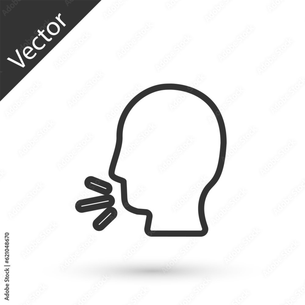Grey line Man coughing icon isolated on white background. Viral infection, influenza, flu, cold symptom. Tuberculosis, mumps, whooping cough. Vector.. Grey line Man coughing icon isolated on white background. Viral infection, influenza, flu, cold symptom. Tuberculosis, mumps, whooping cough. Vector..
