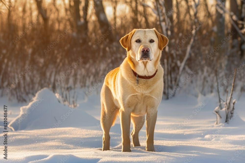 A labrador dog may be seen standing in the snow. A labrador dog may be seen standing in the snow.