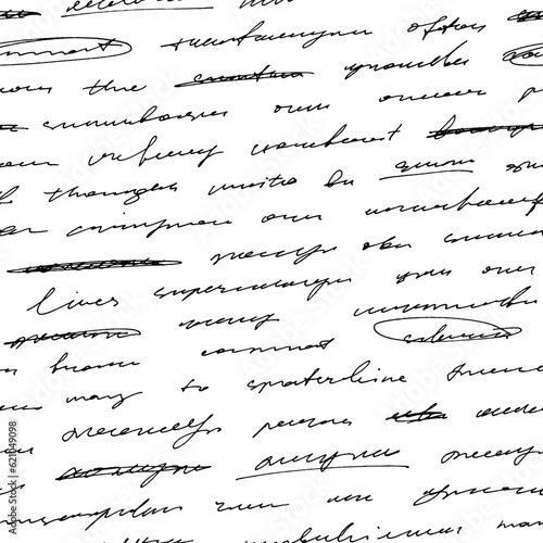 Seamless pattern with abstract handwritten text. Vector cursive lettering. Unreadable text wallpaper. Poetry seamless pattern written by a pen. Monochrome script background with unreadable words.