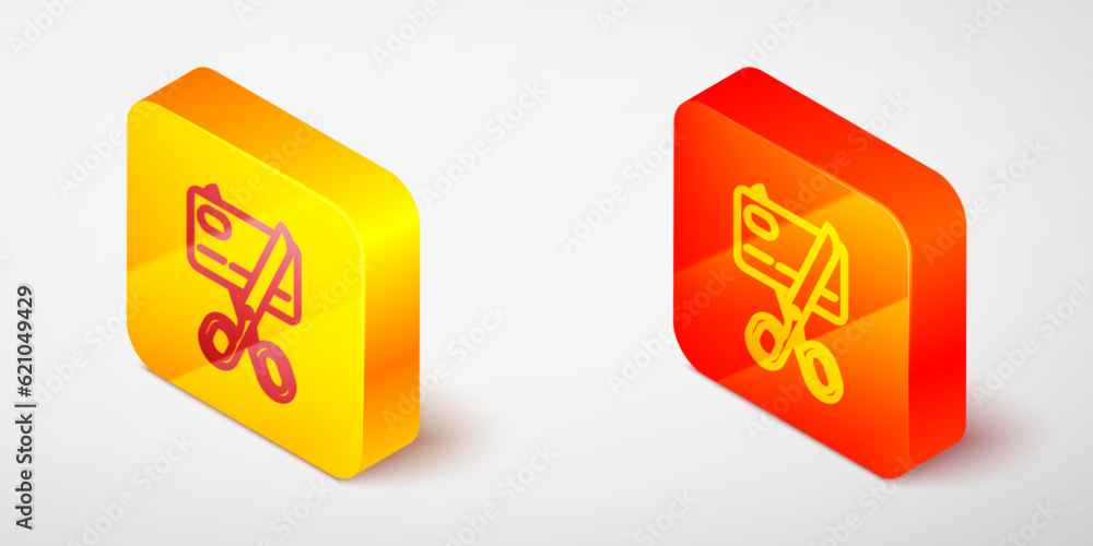 Isometric line Scissors cutting a credit card icon isolated on grey background. Online payment. Cash withdrawal. Financial operations. Shopping sign. Yellow and orange square button. Vector Isometric line Scissors cutting a credit card icon isolated on grey background. Online payment. Cash withdrawal. Financial operations. Shopping sign. Yellow and orange square button. Vector