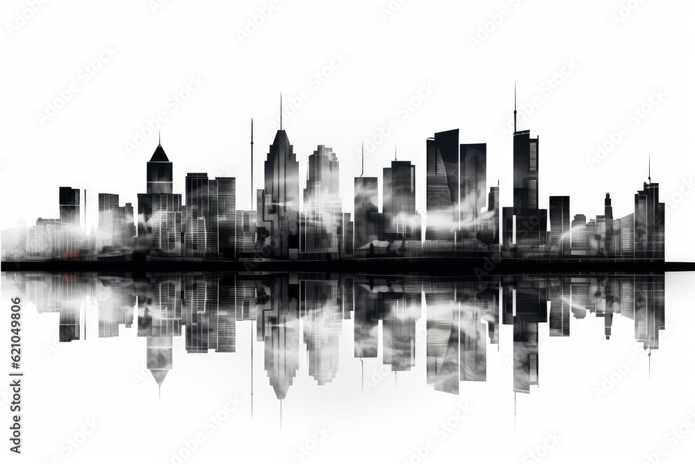 on a white backdrop, a cityscape A contemporary skyscraper in the city skyline in perspective flat picture of a city silhouette business sector