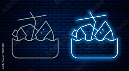Glowing neon line Sinking cruise ship icon isolated on brick wall background. Travel tourism nautical transport. Voyage passenger ship, cruise liner. Vector