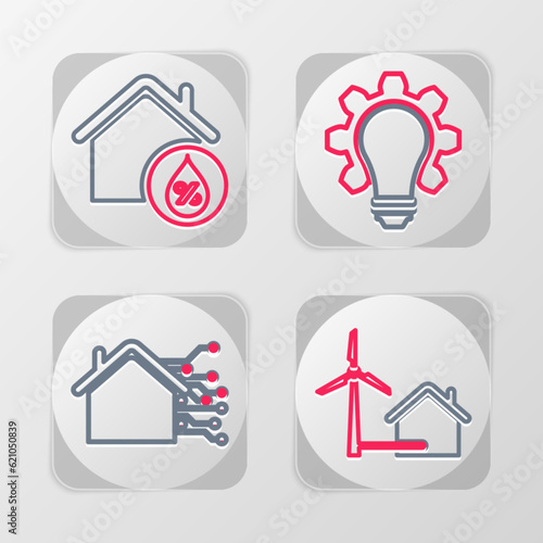 Set line House with wind turbine, Smart home, Light bulb and gear and humidity icon. Vector © vector_v