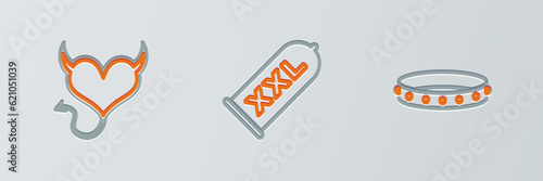 Set line Leather fetish collar, Devil heart with horns and Condom safe sex icon. Vector