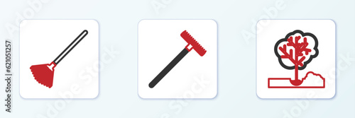 Set line Garden saw, rake for leaves and icon. Vector