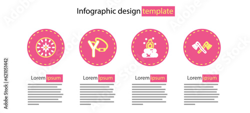 Set line Campfire, Crossed wooden axe, Slingshot and Compass icon. Vector