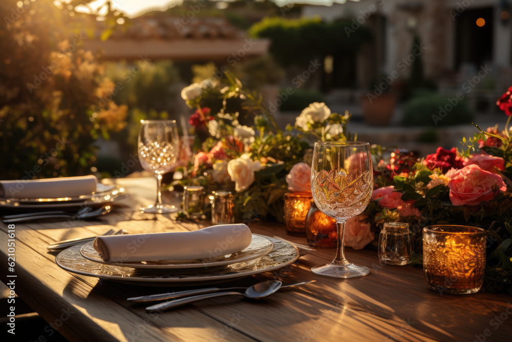 A mediterranean dinner table setting in the garden during the golden hour with flowers and fancy glasses 