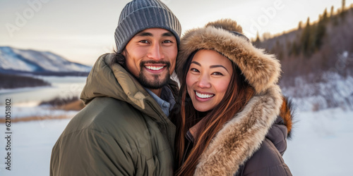 Smiling couple in winter clothing enjoying the wintery outdoors in the snow.