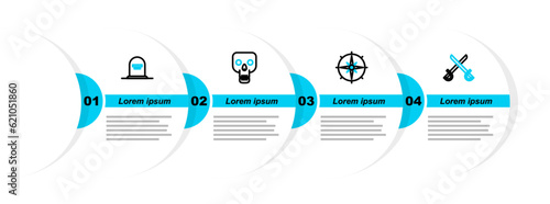 Set line Crossed pirate swords, Wind rose, Skull and Tombstone with RIP written icon. Vector