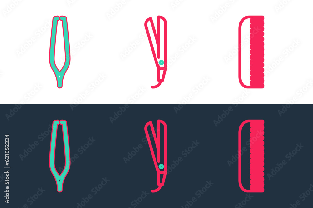Set line Hairbrush, Eyebrow tweezers and Curling iron icon. Vector Set line Hairbrush, Eyebrow tweezers and Curling iron icon. Vector