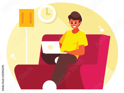 Man with laptop sitting on the sofa in living room. Freelance or studying concept. Man working remotely. Vector graphics