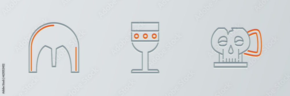 Set line Cup from the skull, Medieval iron helmet and goblet icon. Vector Set line Cup from the skull, Medieval iron helmet and goblet icon. Vector