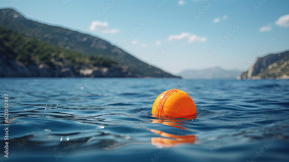 An orange buoy in the water near the greek coastline