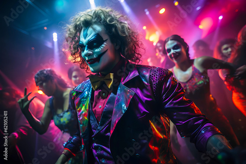 Young man dressed as a clown dancing in a nightclub. Halloween party
