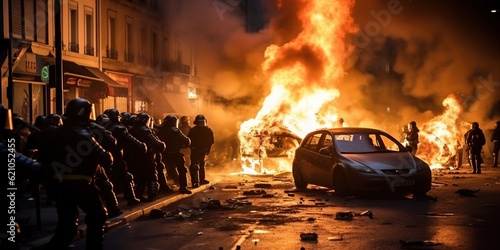 Car and streets on fire at night during the protests in France.  © Odesza