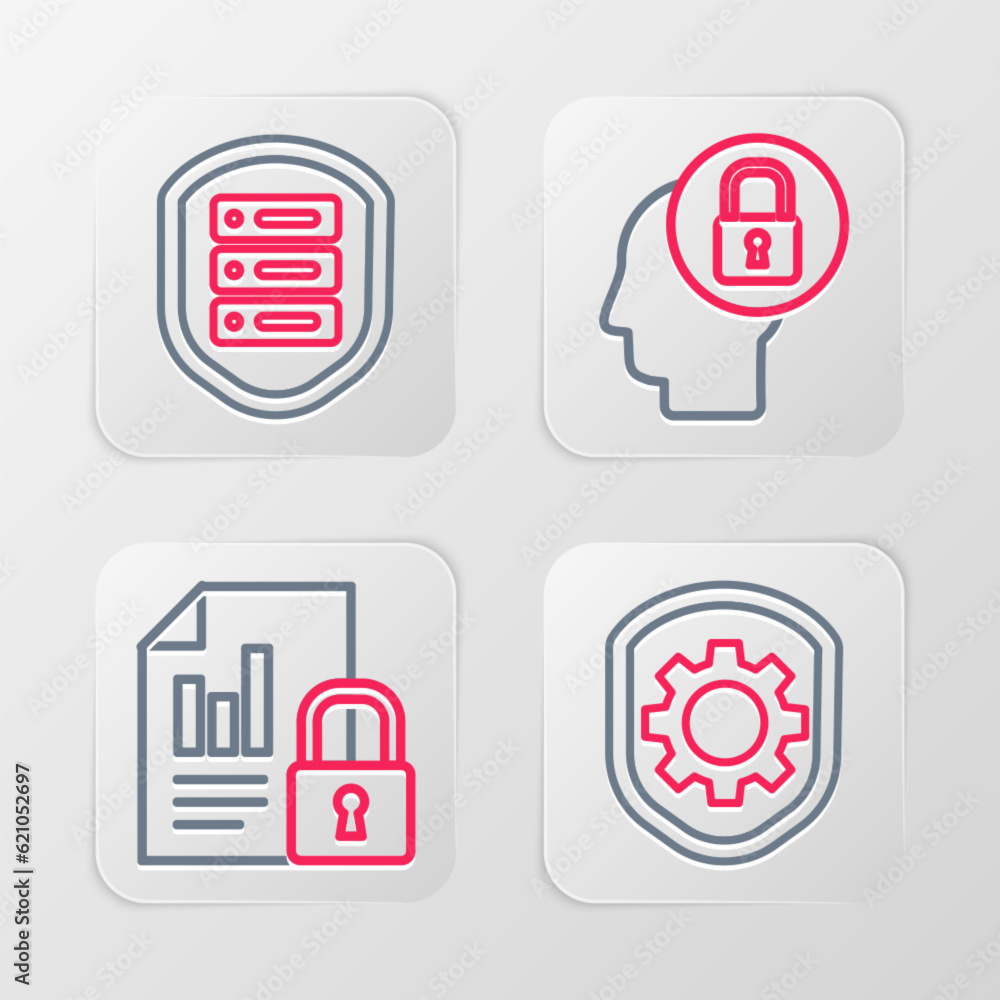 Set line Shield with settings gear, Document and lock, Human head and Server shield icon. Vector Set line Shield with settings gear, Document and lock, Human head and Server shield icon. Vector