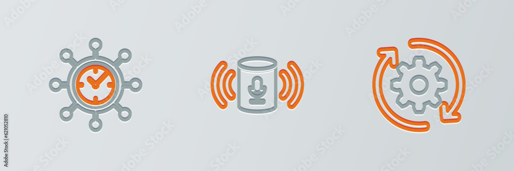 Set line Gear and arrows as workflow, Clock gear and Voice assistant icon. Vector Set line Gear and arrows as workflow, Clock gear and Voice assistant icon. Vector