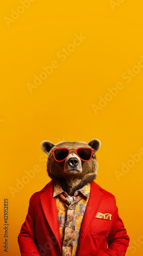 Cool looking bear wearing funky fashion dress - jacket, shirt, sunglasses. Vertical banner with copy space above. Stylish animal posing as supermodel. Generative AI © Lubo Ivanko