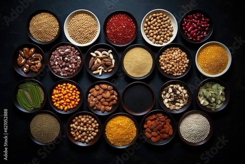 Legumes, a set consisting of different types of beans, lentils and peas on a black background, top view. 