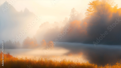 Autumn landscape with river and forest in the morning in thick fog, AI generation