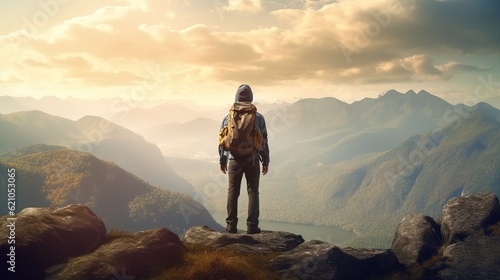 A happy man, a mountain climber, admires the beauty of the mountains. AI generation