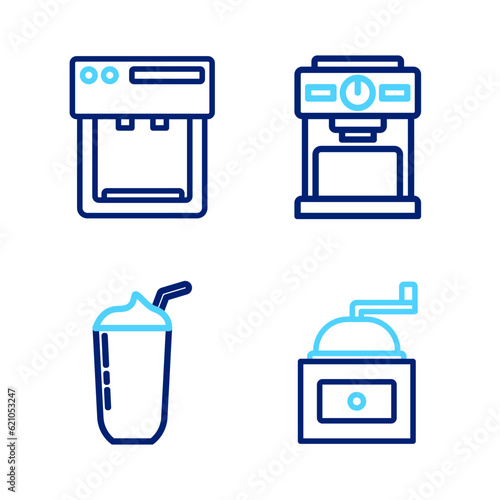 Set line Manual coffee grinder, Milkshake, Coffee machine and icon. Vector