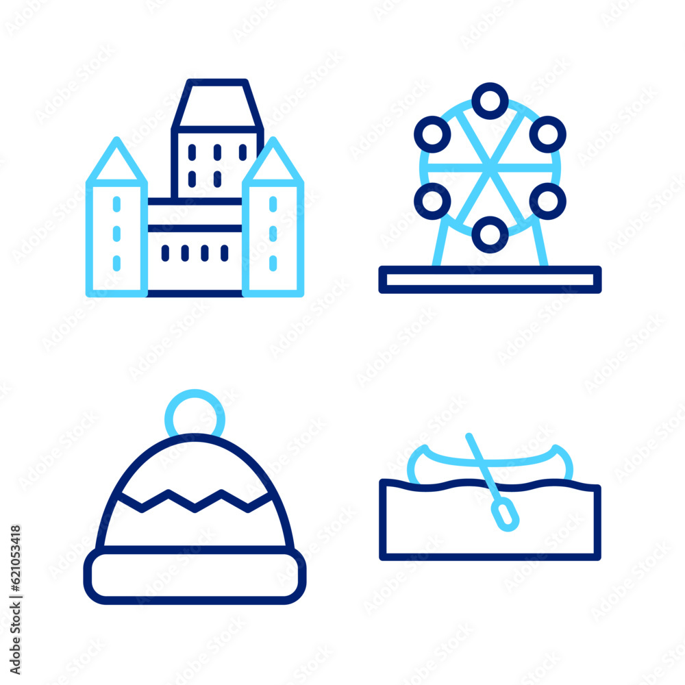 Fototapeta premium Set line Kayak or canoe, Beanie hat, Ferris wheel and Chateau Frontenac hotel icon. Vector