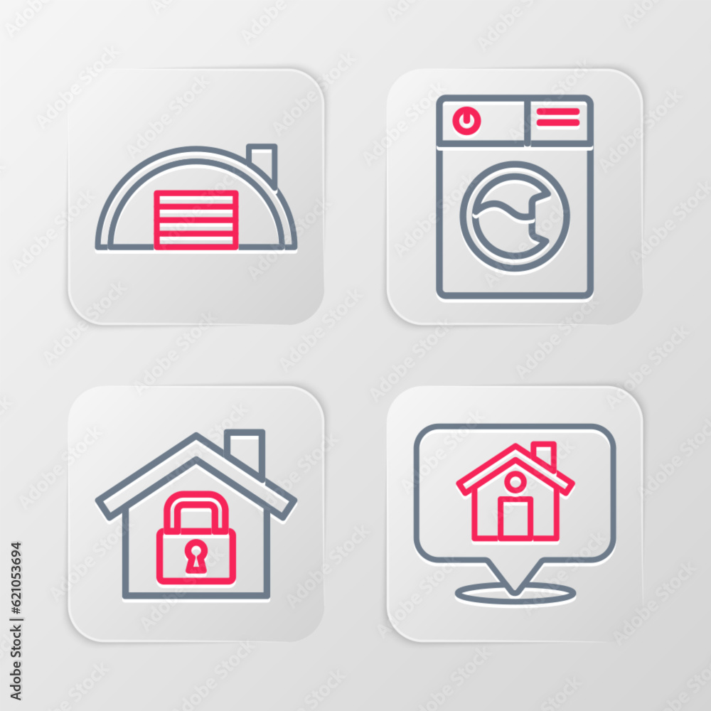 Set line Location with house, House under protection, Washer and Warehouse icon. Vector Set line Location with house, House under protection, Washer and Warehouse icon. Vector