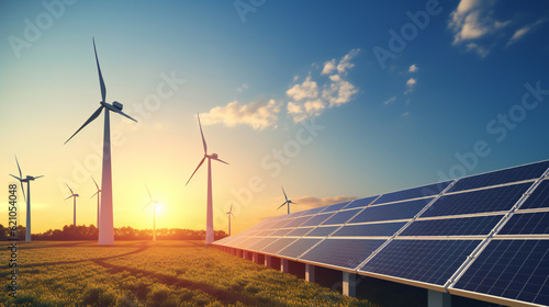 Solar panels wind turbines installed as renewable energy sources for electricity and power supply. Innovation and technology, environmental friendly energy. Solar farm under sunny day. Generation AI