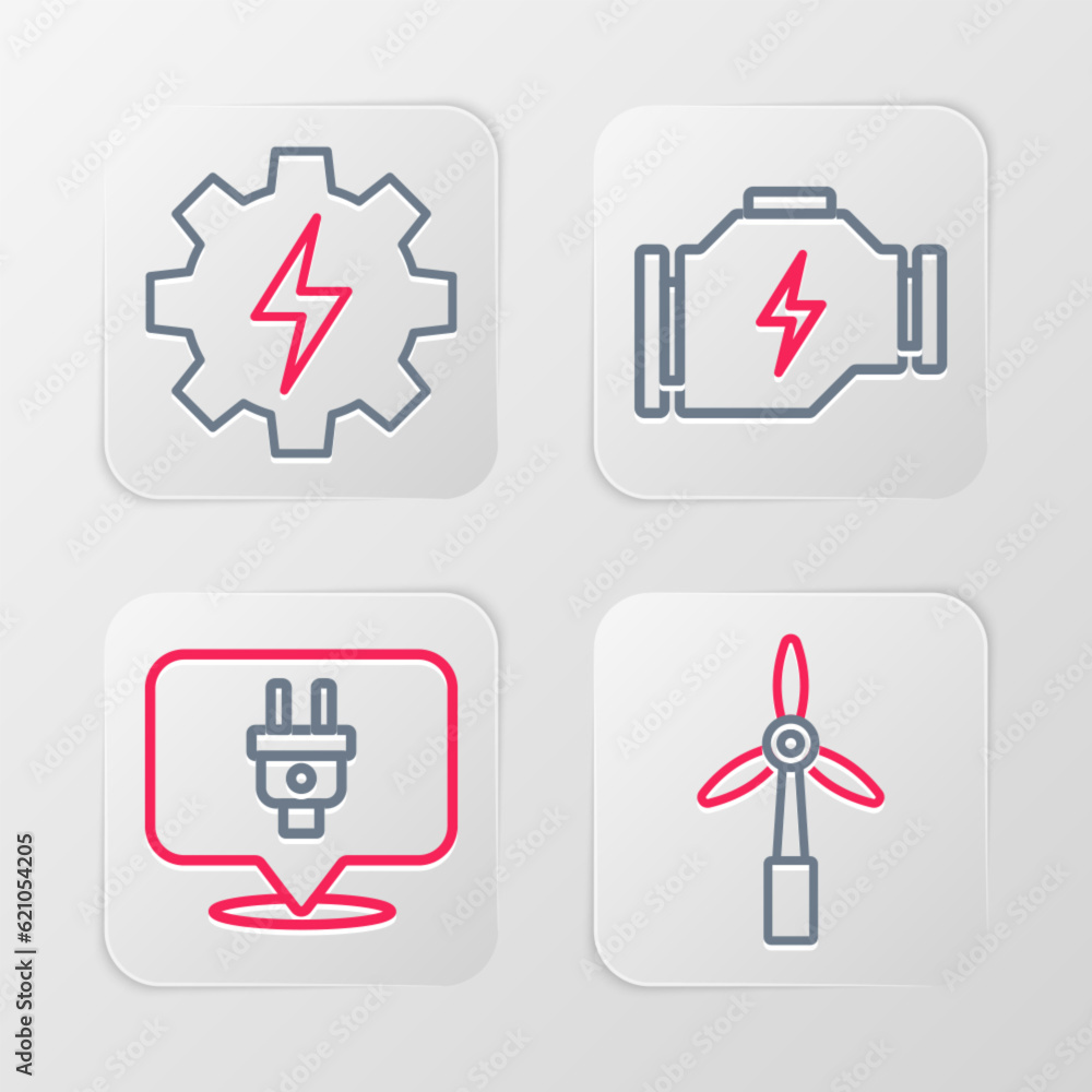 Set line Wind turbine, Electric plug, Check engine and Gear and lightning icon. Vector Set line Wind turbine, Electric plug, Check engine and Gear and lightning icon. Vector