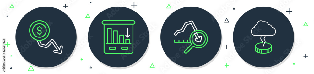 Set line Pie chart infographic, Global economic crisis, Dollar rate decrease and Storm icon. Vector Set line Pie chart infographic, Global economic crisis, Dollar rate decrease and Storm icon. Vector