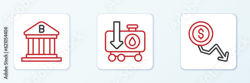 Set line Dollar rate decrease, Bank building and Drop crude oil price icon. Vector