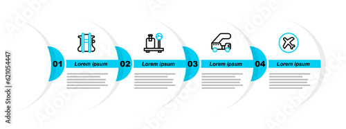Set line Plane, Passenger ladder, Scale with suitcase and Parachute icon. Vector