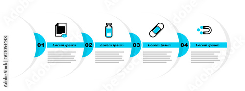 Set line Customer attracting, Bandage plaster, Medical vial, ampoule and Paper page with eye icon. Vector