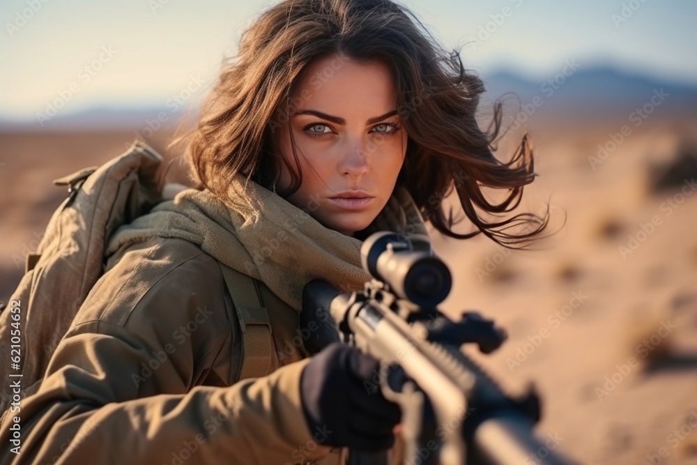 Sniper girl holding her rifle. Created with Generative Ai technology ...