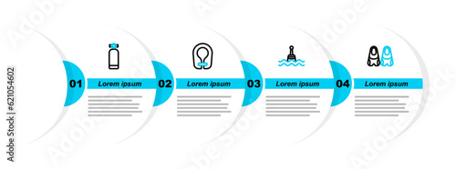 Set line Flippers for swimming, Floating buoy, Life jacket and Aqualung icon. Vector
