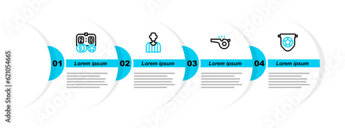 Set line Football flag pennant, Whistle, or soccer referee and betting money icon. Vector