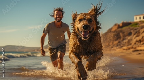 A man running on the beach with his dog