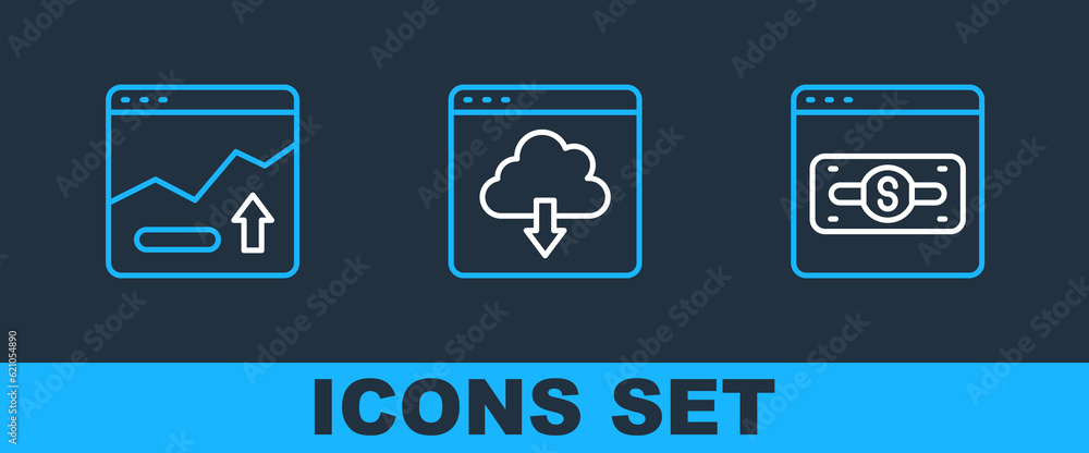 Set line Online shopping on screen, Financial growth increase and Cloud download icon. Vector Set line Online shopping on screen, Financial growth increase and Cloud download icon. Vector