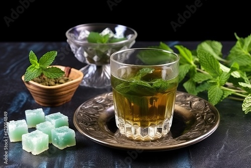 refreshing mint tea, with dried mint leaves and sugar cubes, created with generative ai